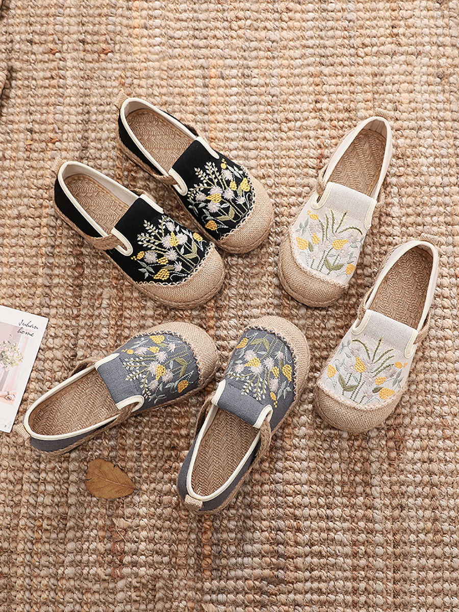 Women Summer Vintage Embroidery Linen Flat Shoes