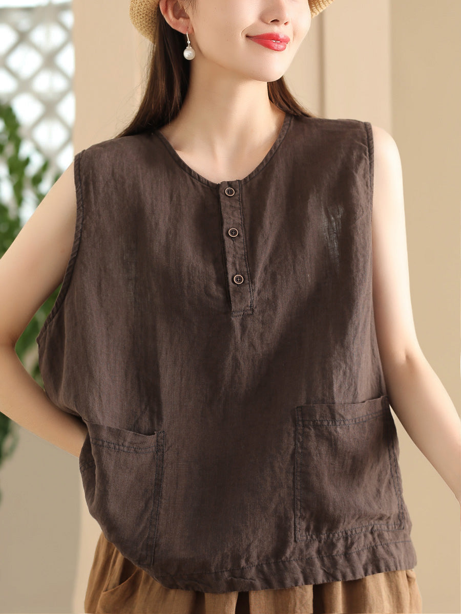 Women Summer Vintage Solid Pocket O-Neck Linen Vest