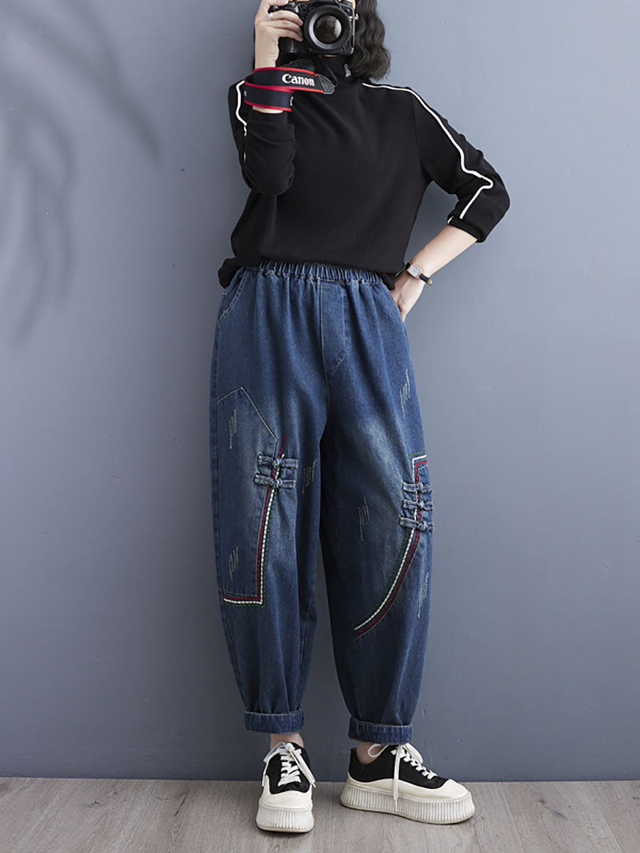 Women Retro Spring Spliced Denim Harem Pants