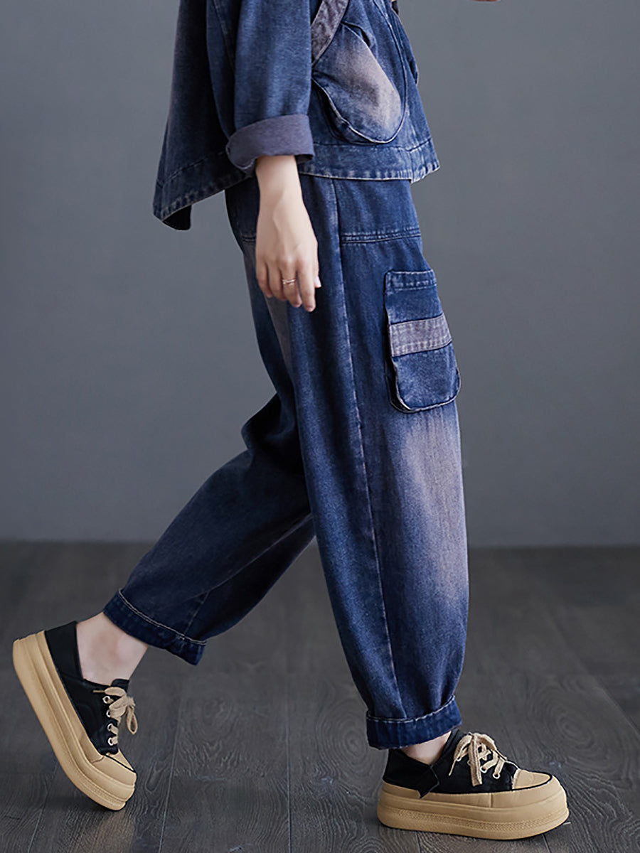 Women Casual Spring Spliced Washed Denim Pants