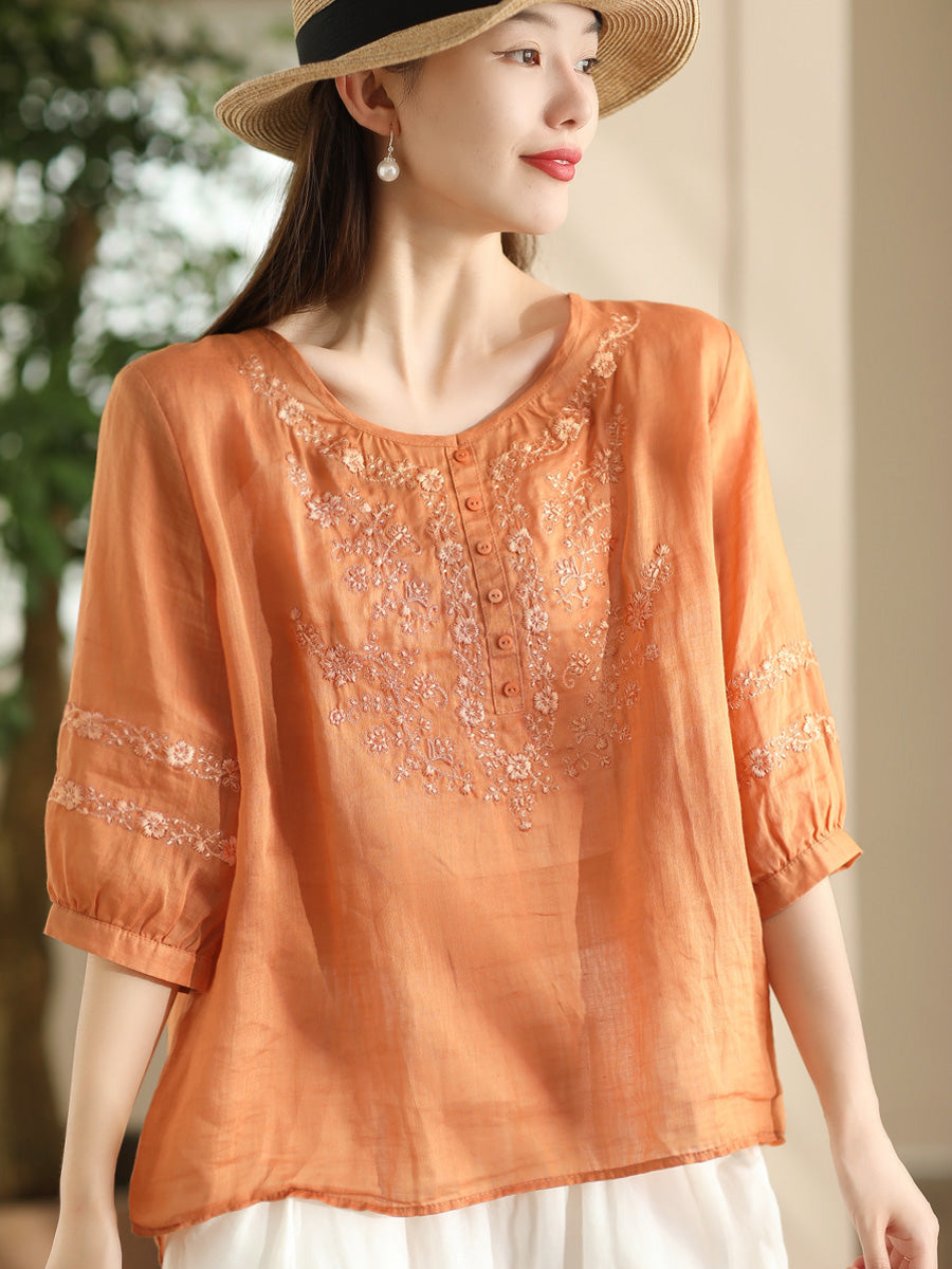 Women Summer Artsy Flower Embroidery O-Neck Ramie Shirt