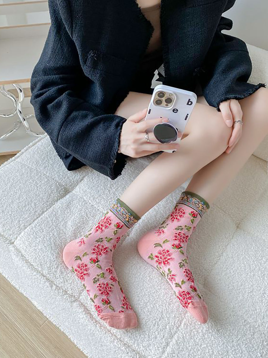 5 Pairs Women Vintage Floral Jacquard Cotton Socks