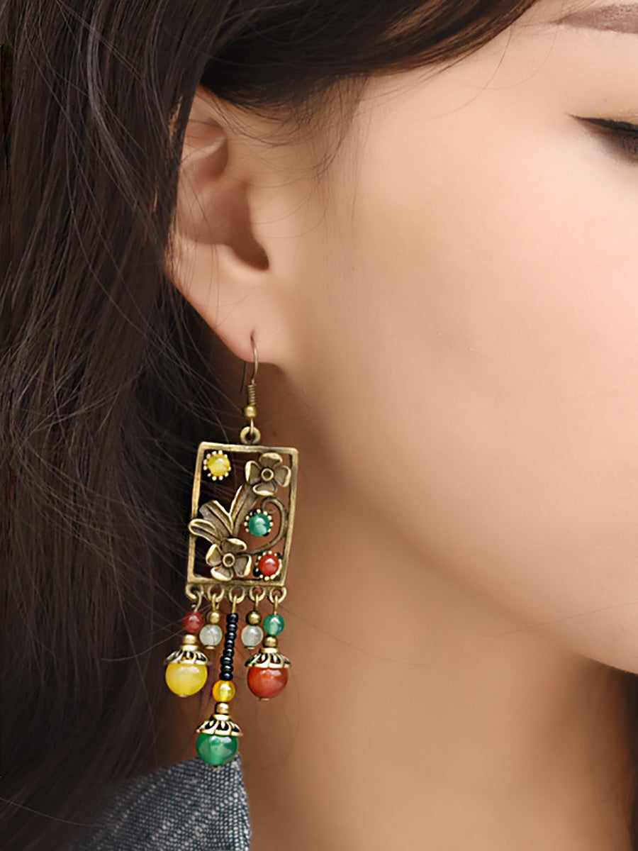 Alloy Flower Agate Tassel Retro Earrings