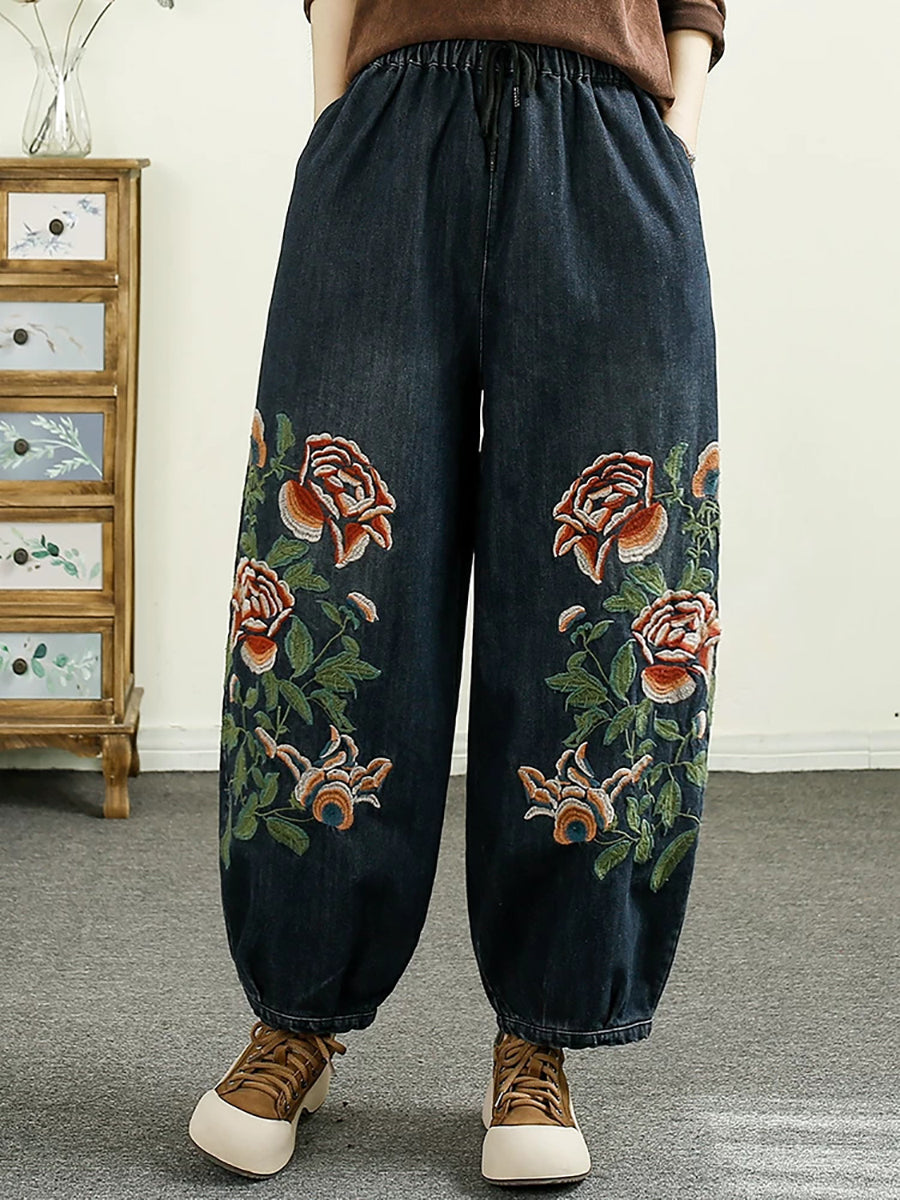 Women Autumn Flower Embroidery Denim Harem Pants