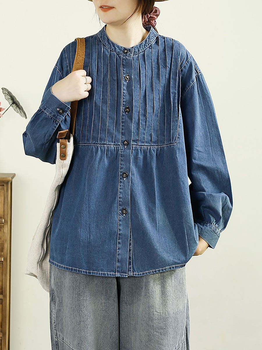 Women Autumn Casual O-Neck Shirred Denim Shirt