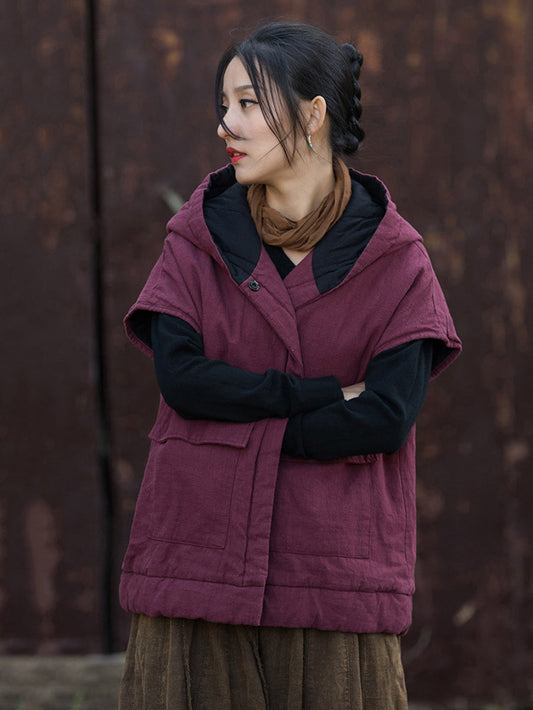 Women Winter Solid Padded Hooded Vest Coat