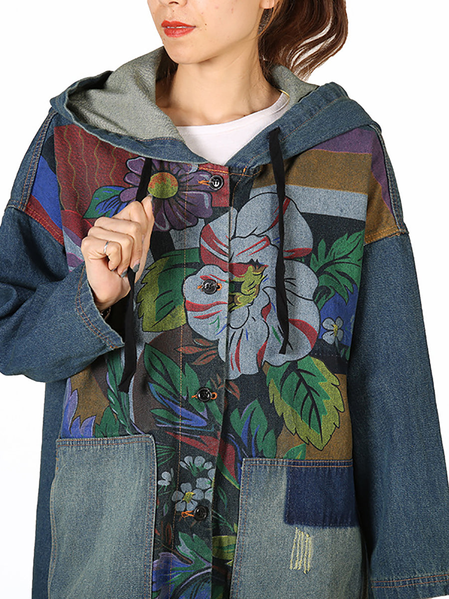 Women Vintage Flower Patch Spliced Deim Hooded Coat