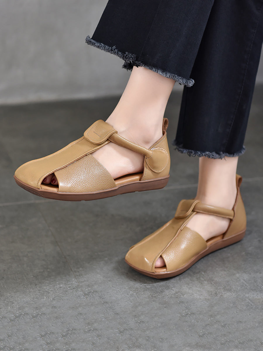 Women Summer Vintage Soft Leather Spliced Flat Sandals