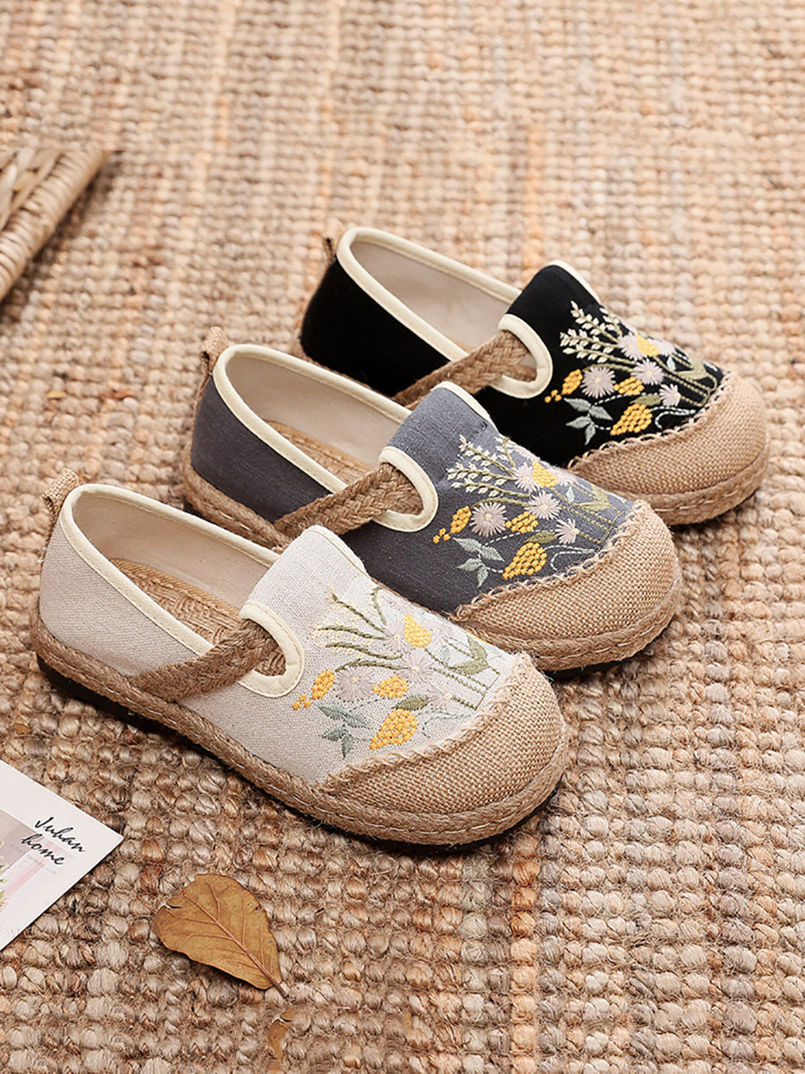 Women Summer Vintage Embroidery Linen Flat Shoes