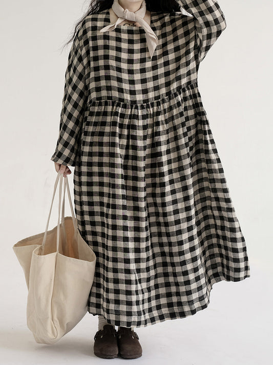 Plus Size Women Vintage Plaid Spring Loose Linen Dress