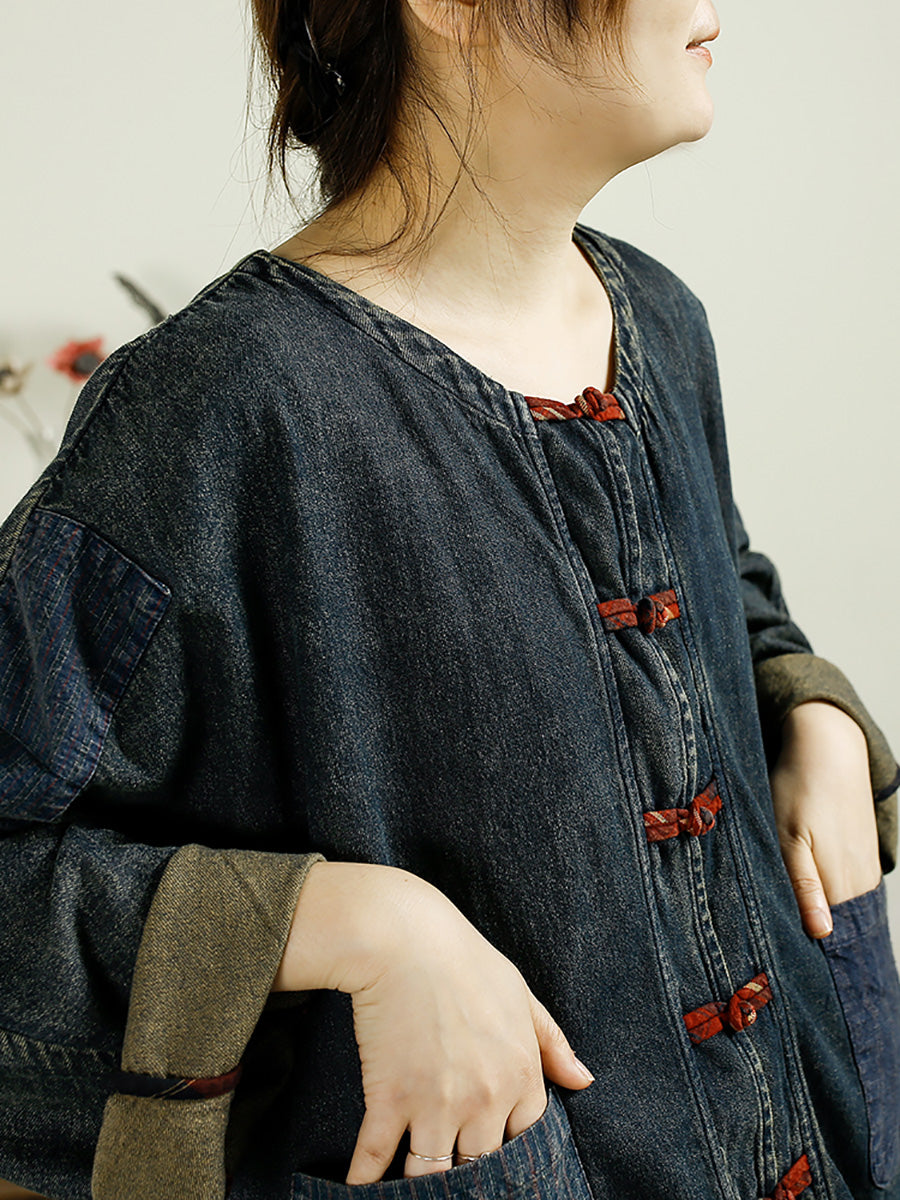 Women Autumn Vintage Patch Spliced Denim Shirt Coat