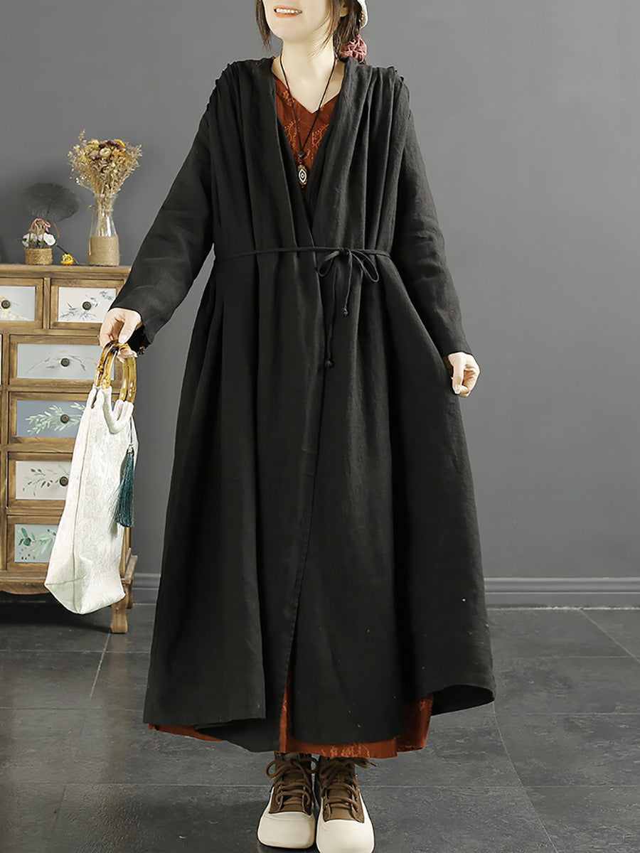 Plus Size Women Autumn Casual Solid Strap 100%Linen Coat