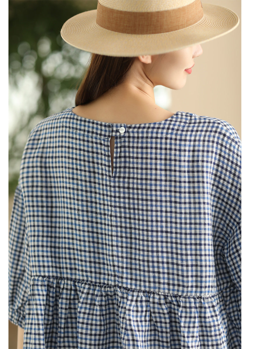 Women Summer Vintage Plaid Spliced Linen Shirt