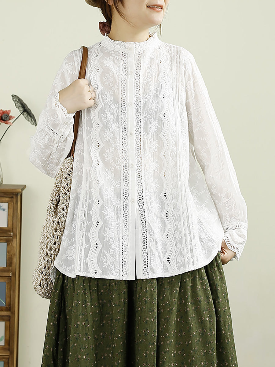 Women Autumn Vintage Embroidery Button Cotton Shirt