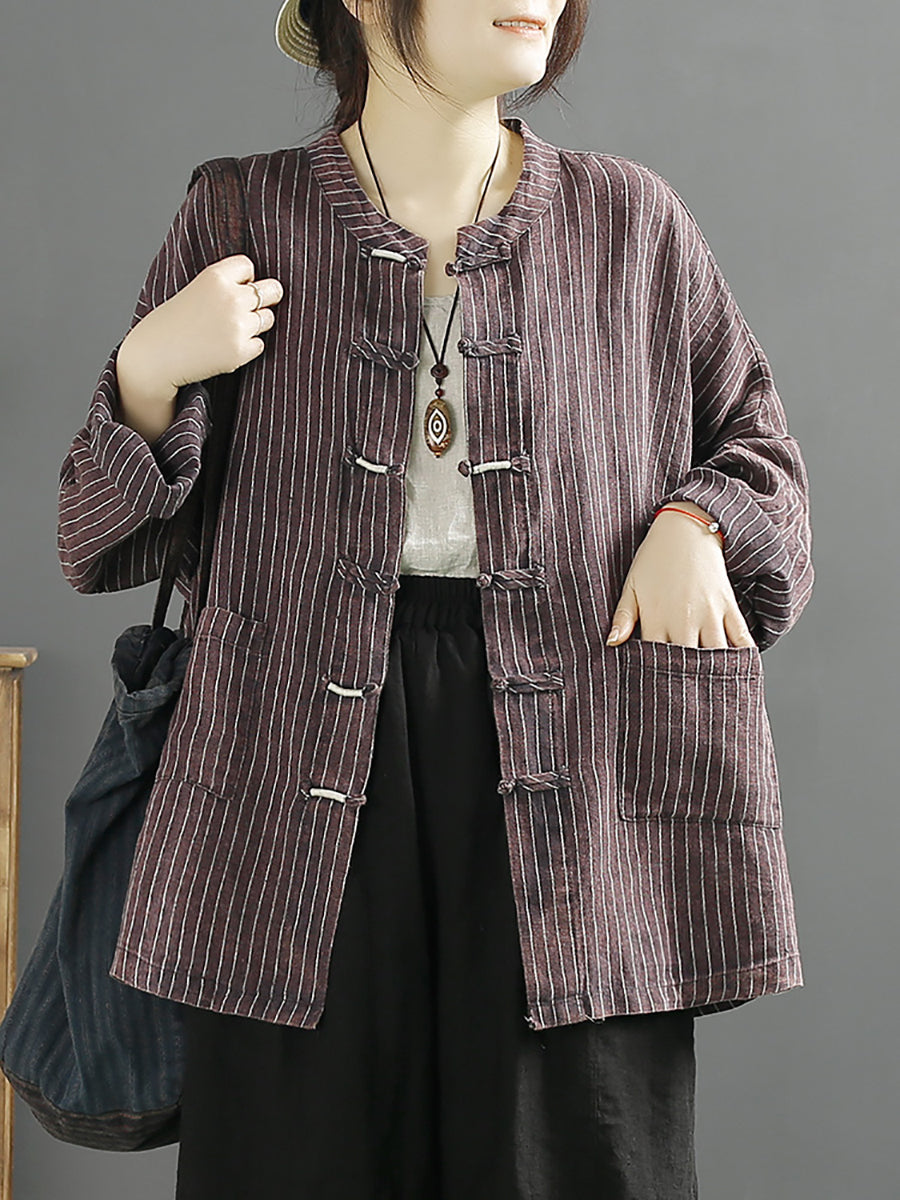 Women Spring Ethnic Stripe Loose Linen Cotton Shirt