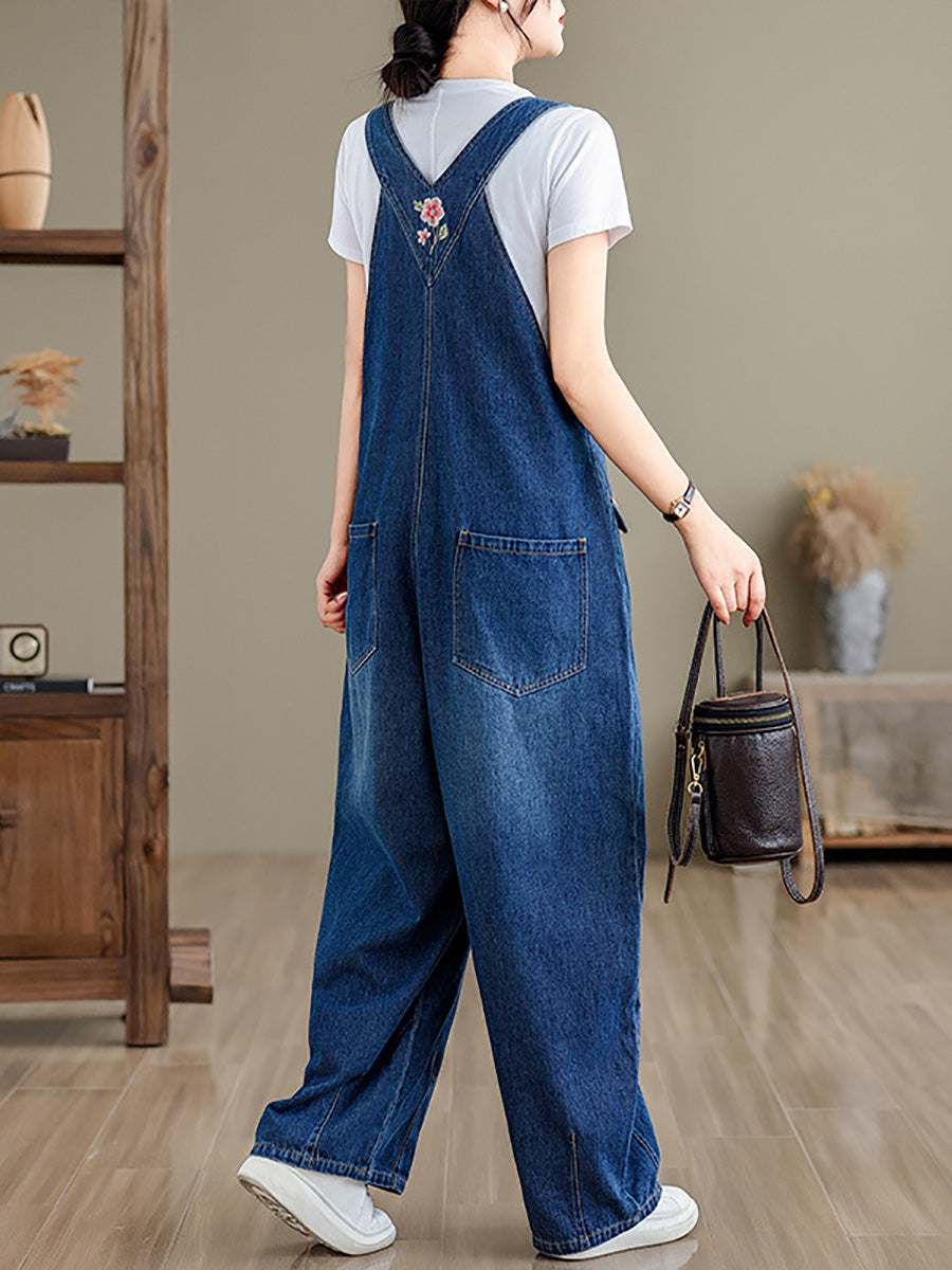 Women Spring Vintage Flower Embroidery Denim Jumpsuits