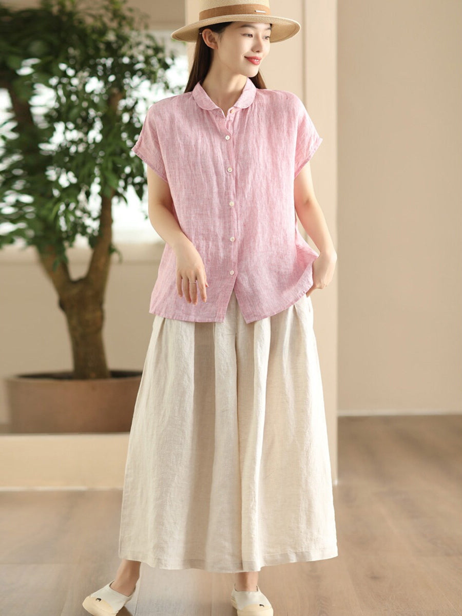 Women Summer Artsy Stripe Button-up Linen Shirt