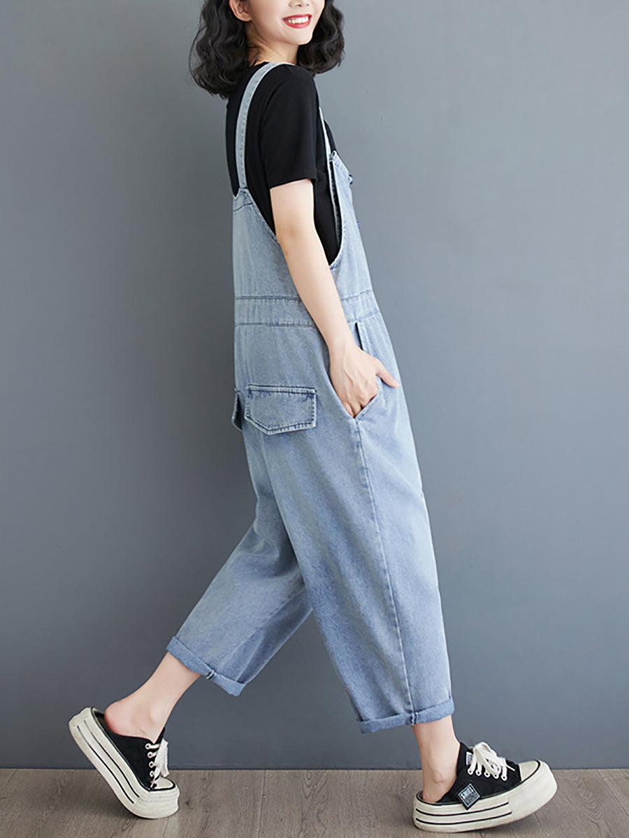 Women Summer Casual Solid Denim Shirred Jumpsuits