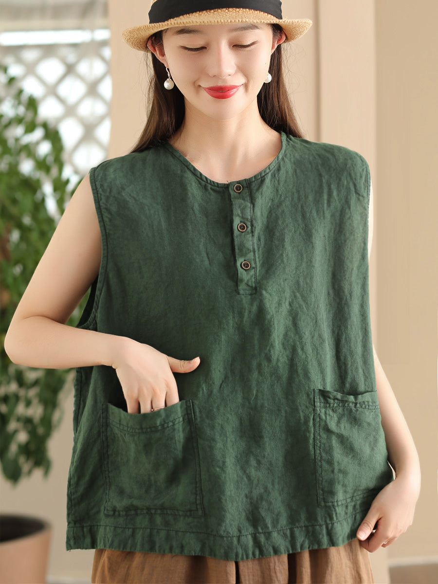 Women Summer Vintage Solid Pocket O-Neck Linen Vest