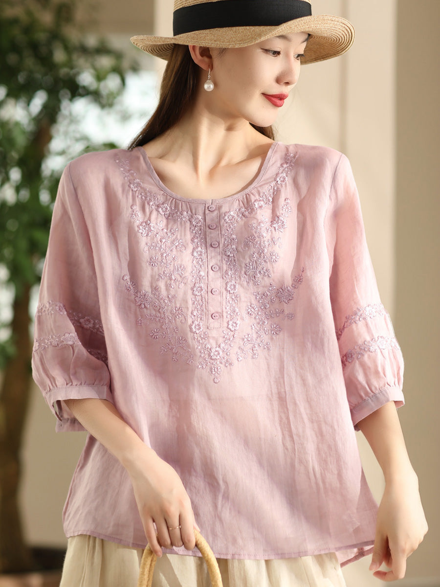 Women Summer Artsy Flower Embroidery O-Neck Ramie Shirt