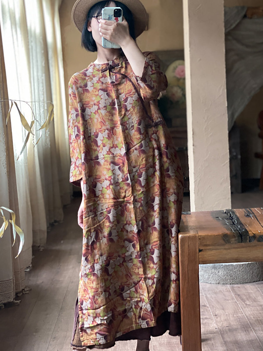 Women Vintage Floral Print Buckle Loose Cotton Robe Dress