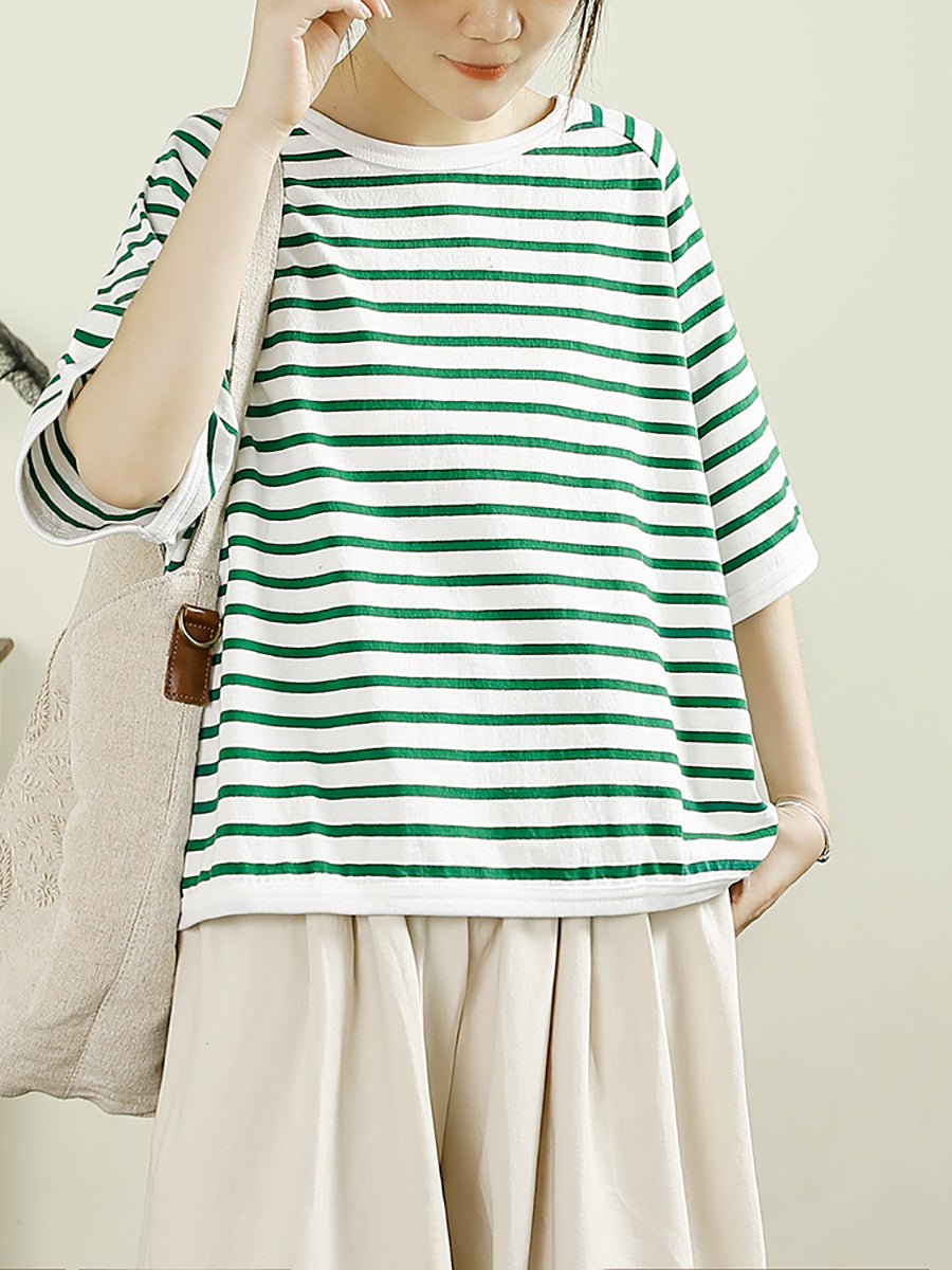 Women Summer Casual Stripe O-Neck Cotton Shirt