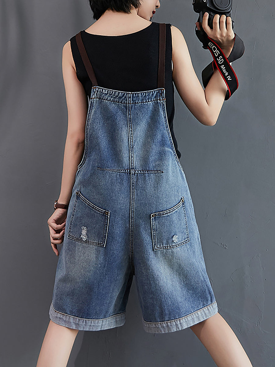 Women Summer Casual Solid Denim Wide-leg Short Jumpsuits