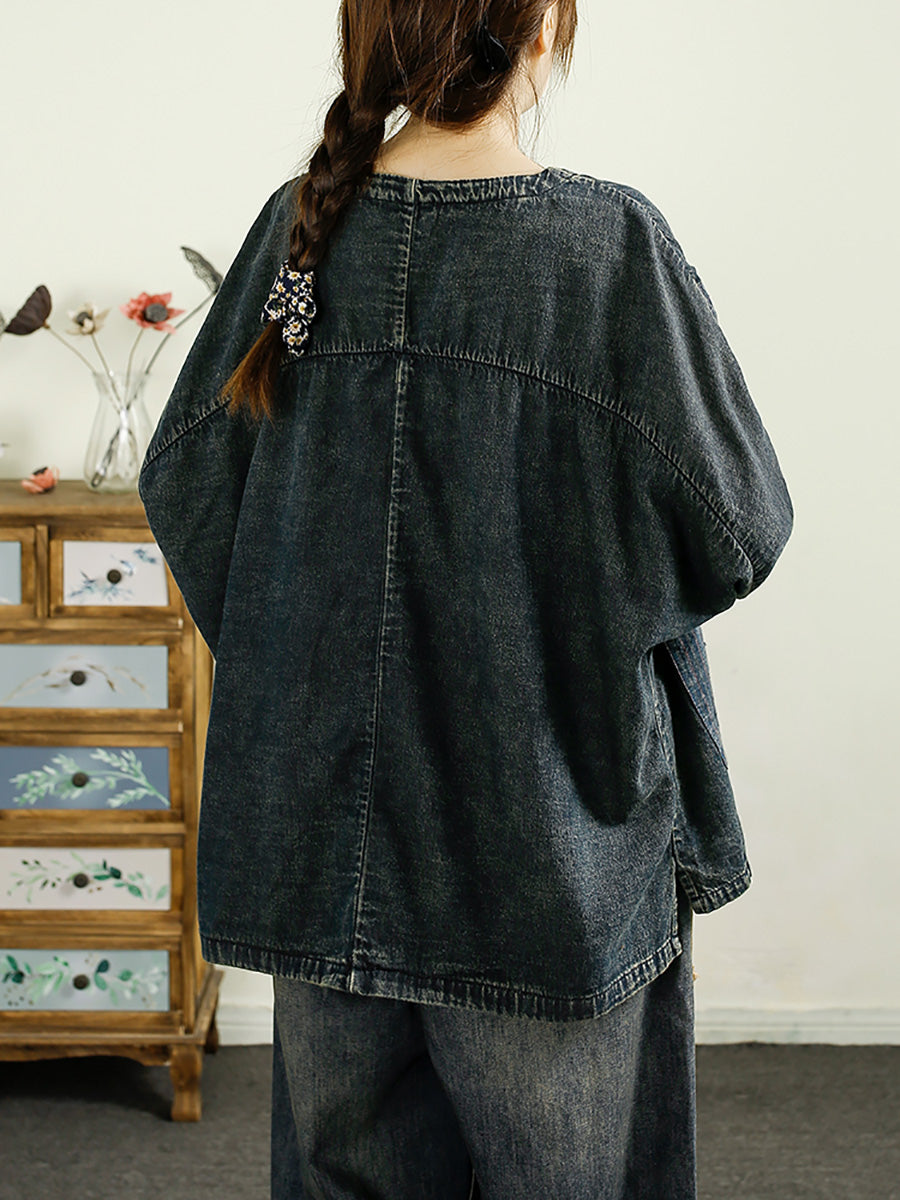 Women Autumn Vintage Patch Spliced Denim Shirt Coat