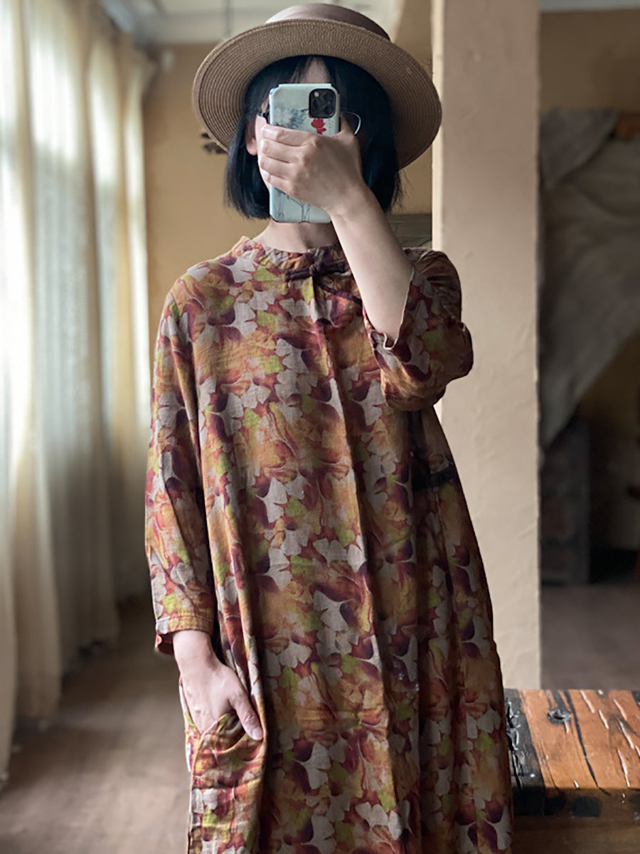 Women Vintage Floral Print Buckle Loose Cotton Robe Dress