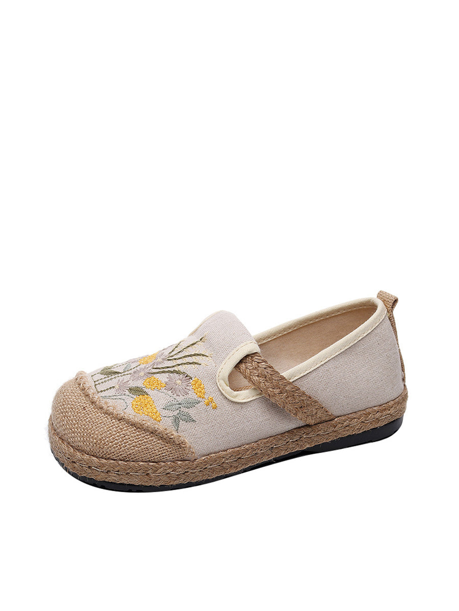 Women Summer Vintage Embroidery Linen Flat Shoes