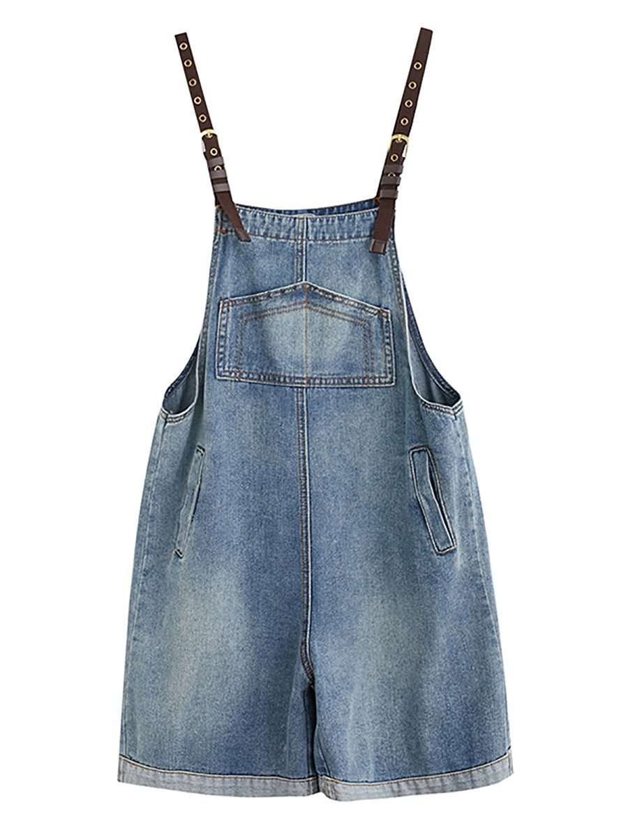 Women Summer Casual Solid Denim Wide-leg Short Jumpsuits