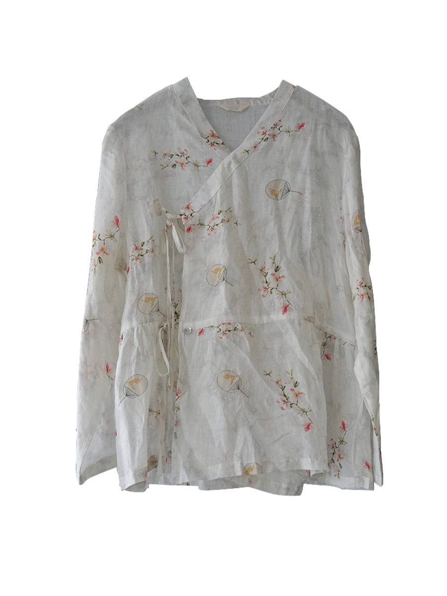 Women Chinese Style Flower Drawstring Loose Shirt