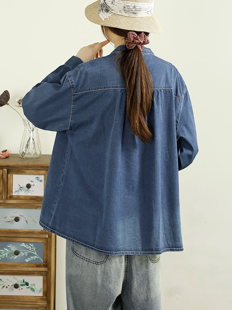 Women Autumn Casual O-Neck Shirred Denim Shirt