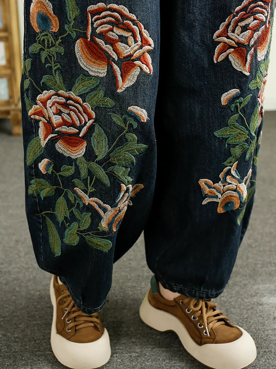 Women Autumn Flower Embroidery Denim Harem Pants