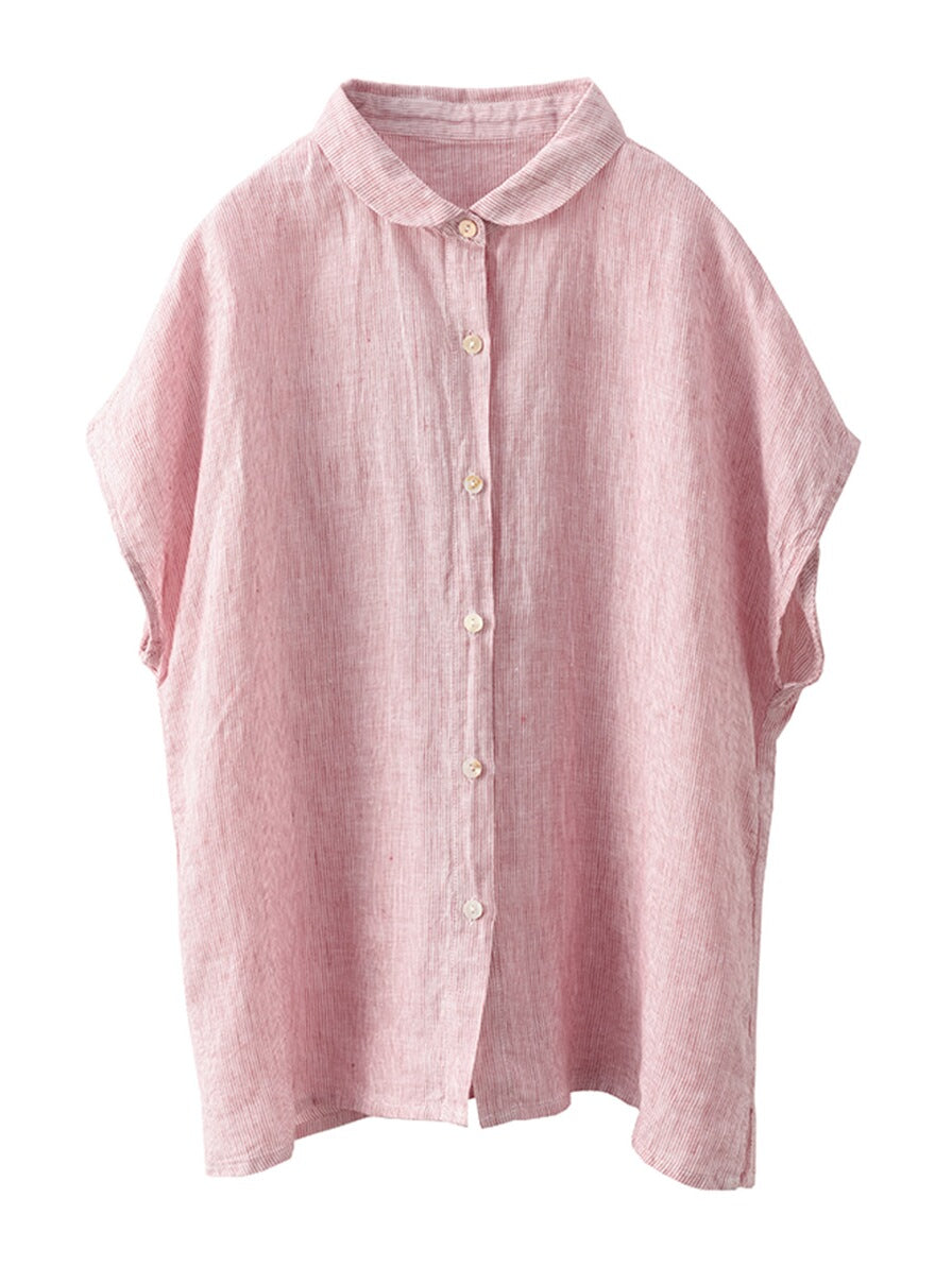 Women Summer Artsy Stripe Button-up Linen Shirt