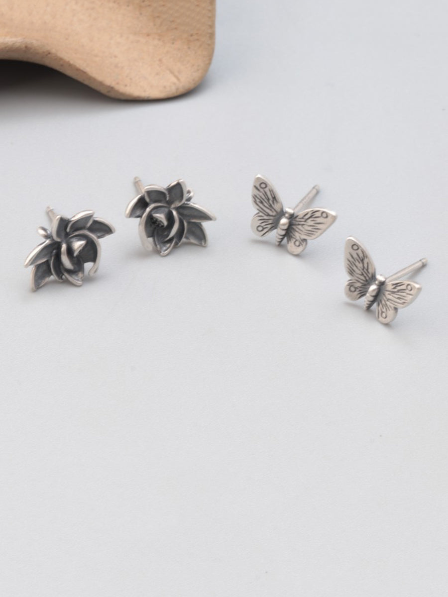 Vintage S925Sliver Flower Butterfly Ear Studs