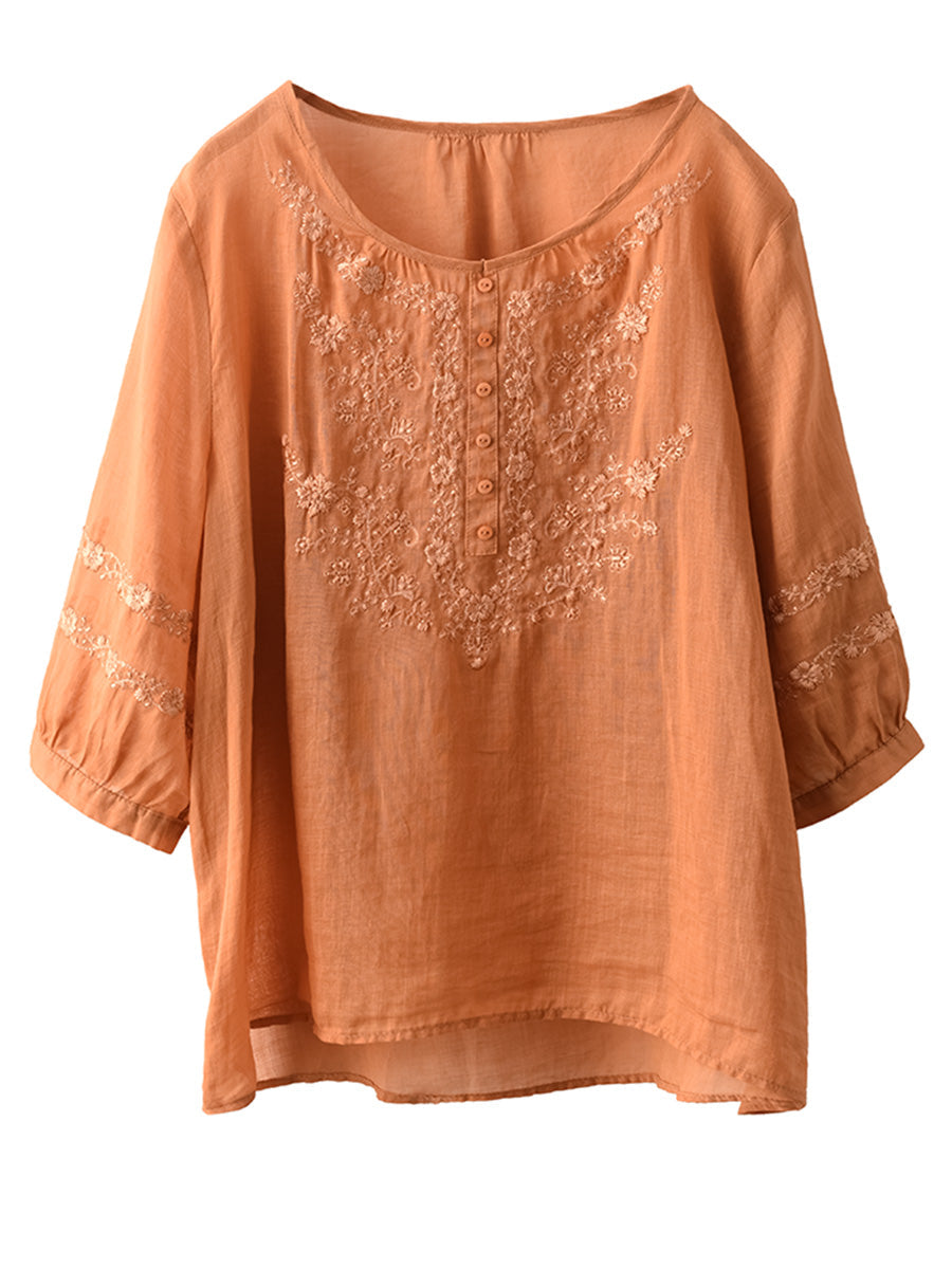 Women Summer Artsy Flower Embroidery O-Neck Ramie Shirt