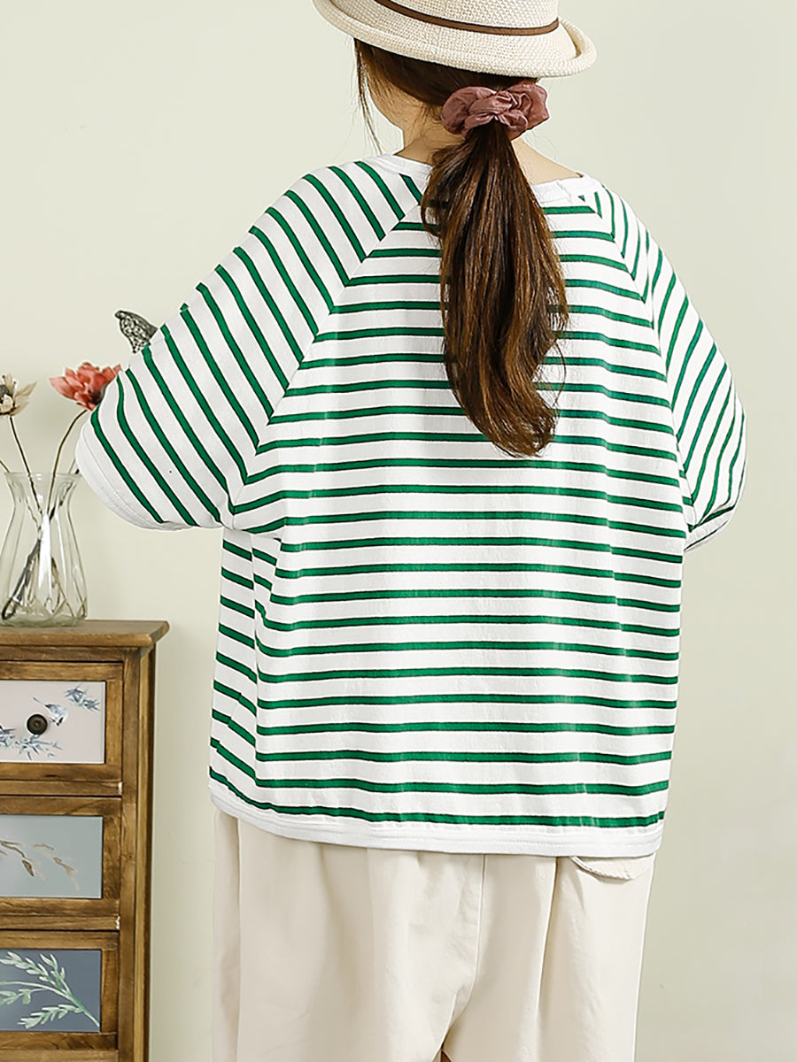 Women Summer Casual Stripe O-Neck Cotton Shirt