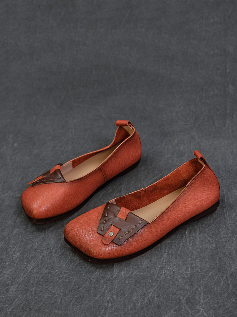 Women Summer Ethnic Colorblock Leahter Soft Flat Shoes