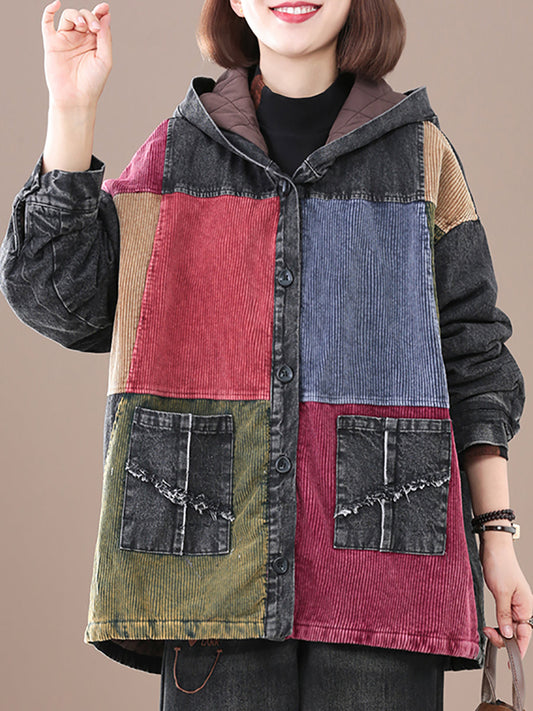 Women Autumn Casual Colorblock Corduroy Denim Hooded Coat