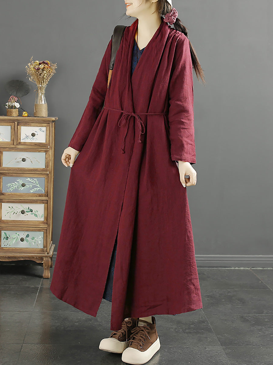 Plus Size Women Autumn Casual Solid Strap 100%Linen Coat