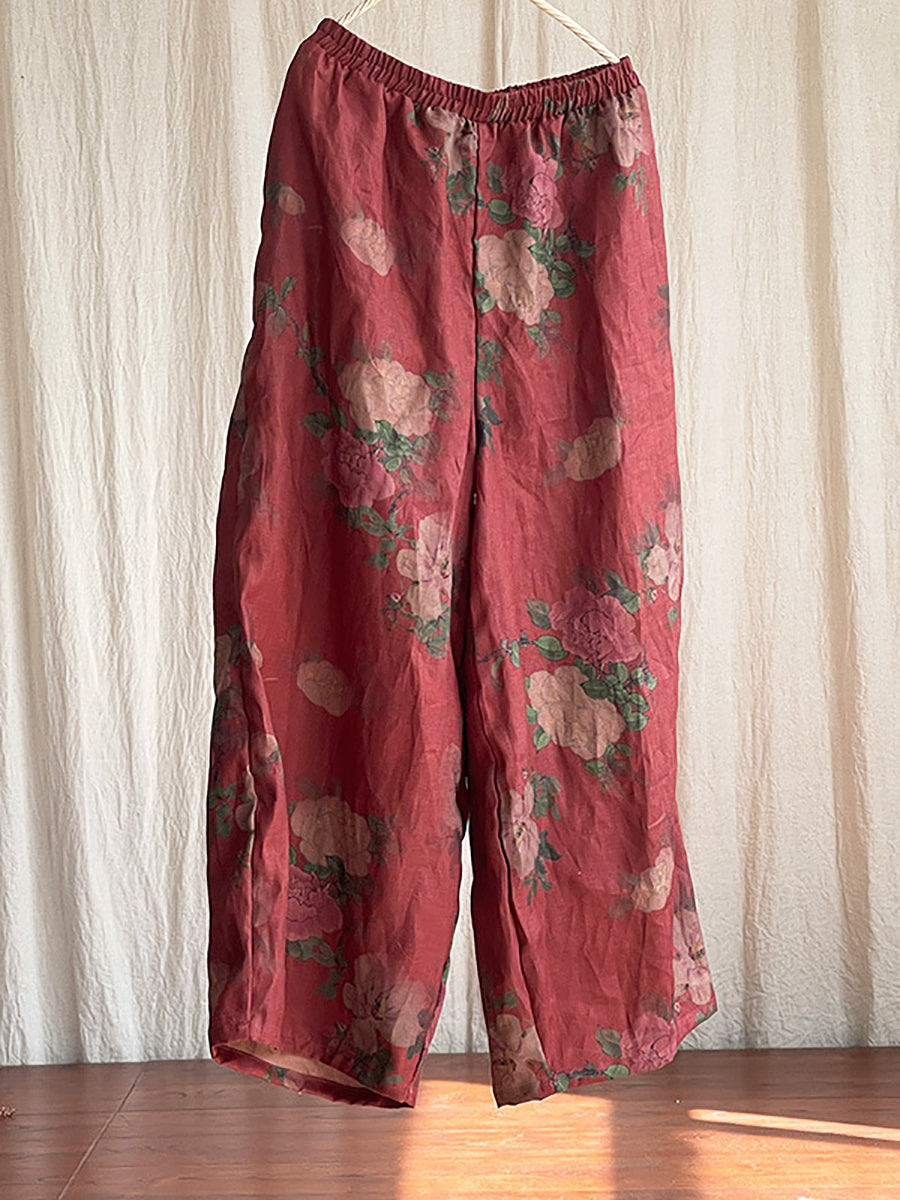 Women Vintage Floral Spring Wide-leg Pants