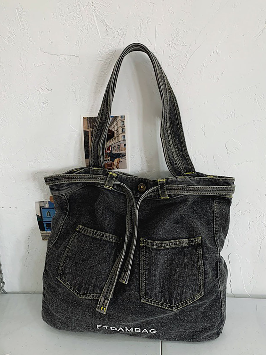 Women Vintage Solid Pocket Denim Handbag Shoulder Bag