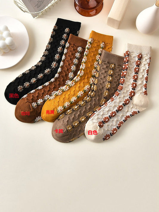 5 Pairs Women Autumn Artsy Flower Jacquard Socks