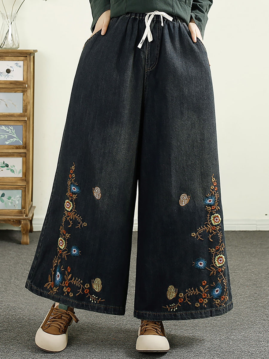 Women Vintage Autumn Flower Embroidery Wide-leg Denim Pants