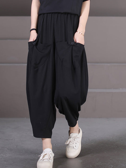 Plus Size Women Summer Casual Solid Loose Pocket Harem Pants