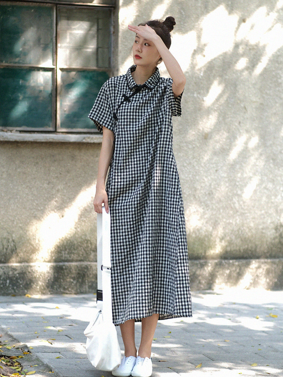 Plus Size Women Summer Vintage Plaid Frog Loose Dress