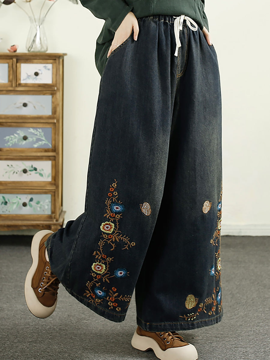 Women Vintage Autumn Flower Embroidery Wide-leg Denim Pants