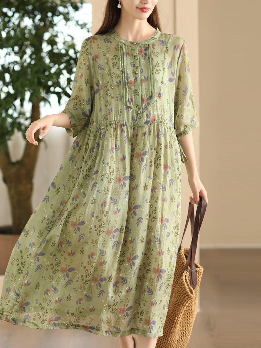 Women Summer Artsy Floral Shirred Ramie Dress