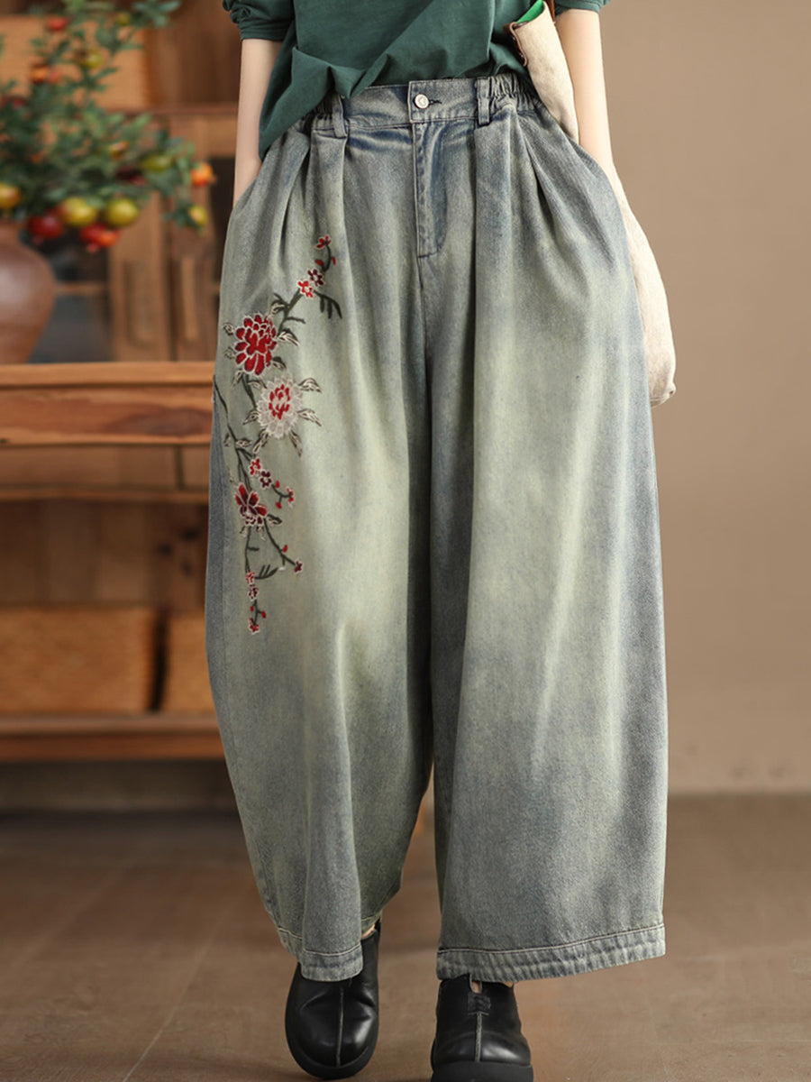 Women Spring Vintage Flower Embroidery Denim Pants